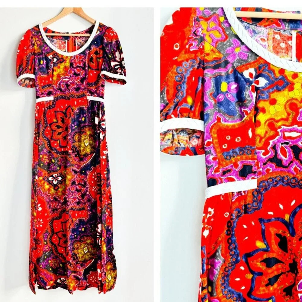 Vintage Colourful Paisley Print THC Hawaiian Textiles Barkcloth Maxi Dress S/M
